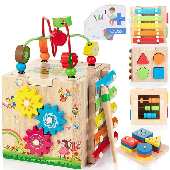 8 in 1 Wooden Activity Cube for Toddlers Montessori Toys Toddler Activity Center - Picture 1 of 8